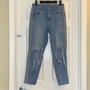 Empyre Eileen Mom Jeans Checkerboard Side Stripe Busted Knees Cropped Size 1